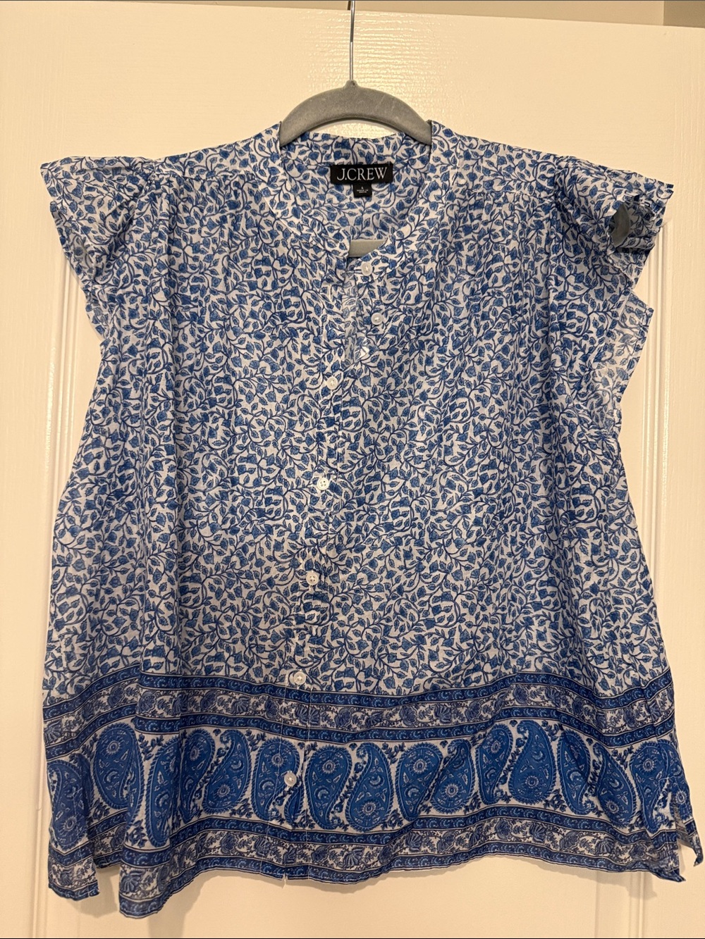 J. Crew White and Blue Paisley & Floral Button-Front Top